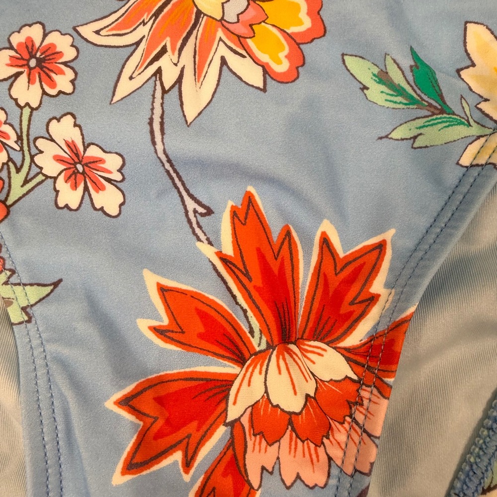 Cupshe Floral Bikini Set S Top M Bottom Blue Orange Ruffle Tie Front High Cut - Picture 13 of 16